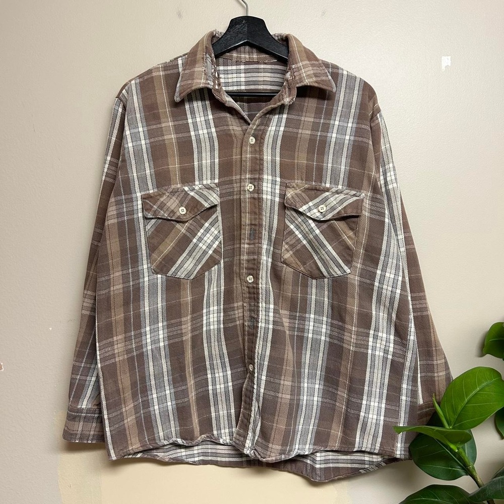 Vintage 90s Brown Grey Plaid Distressed Cotton Flannel Shirt Mens L